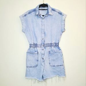 Zara Snap Button Cuffed Sleeve Light Wash Denim Playsuit Romper